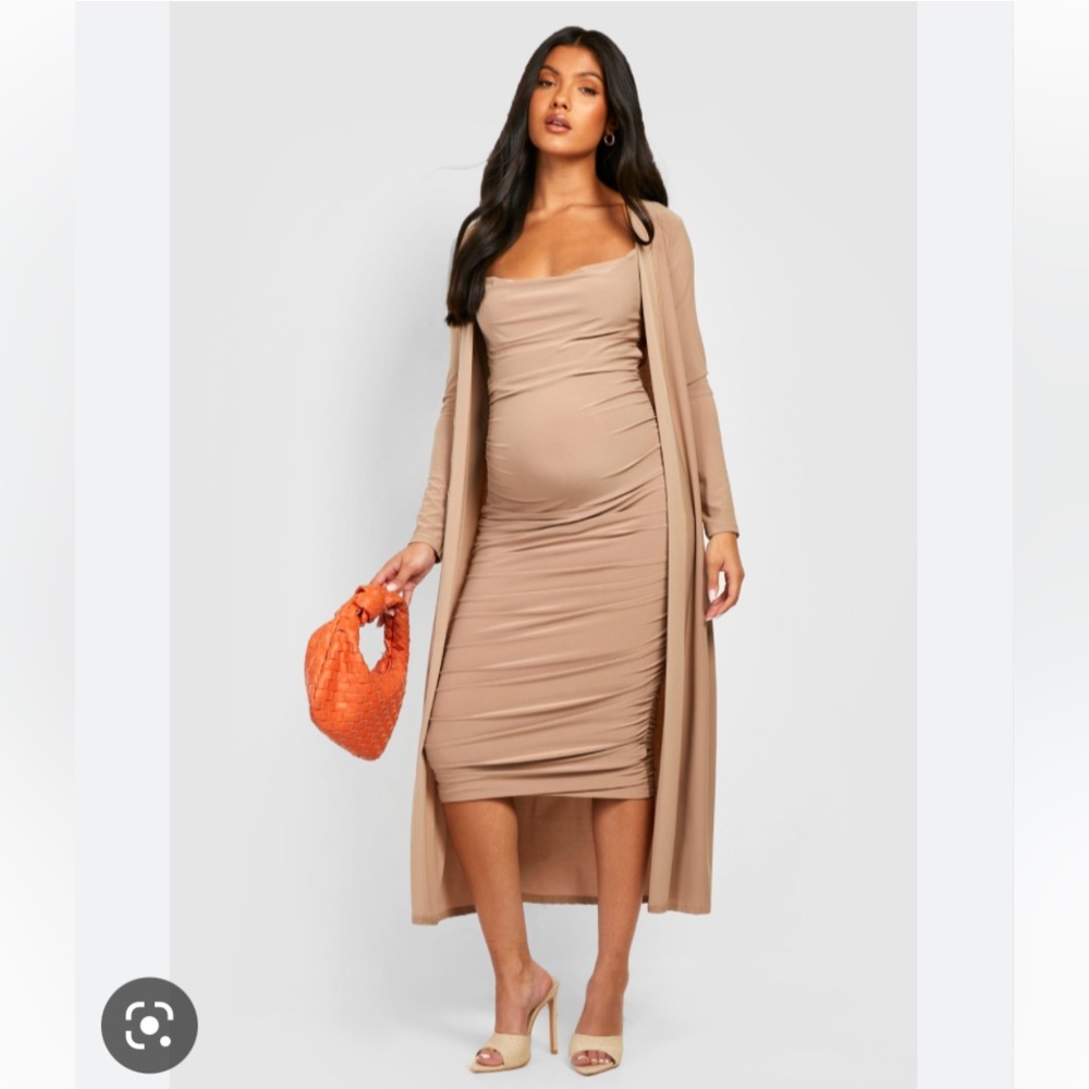 Boohoo Maternity Cowl Neck Dress and Duster in the size US 12 color Camel